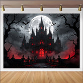 Lofaris Toile de fond d'Halloween château gothique sombre avec pleine lune et chauves-souris, effrayant pour fête d'horreur et studio photo