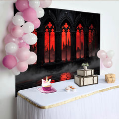 Lofaris Toile de fond d'Halloween gothique avec fenêtres et château rouge, arrière-plan dramatique pour photographie de fête mystérieuse