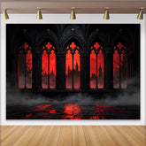 Lofaris Toile de fond d'Halloween gothique avec fenêtres et château rouge, arrière-plan dramatique pour photographie de fête mystérieuse