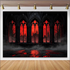 Lofaris Toile de fond d'Halloween gothique avec fenêtres et château rouge, arrière-plan dramatique pour photographie de fête mystérieuse