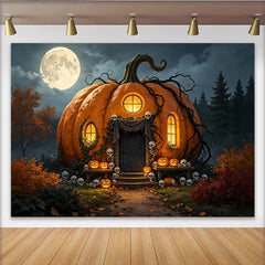 Lofaris Toile de fond d'Halloween avec maison citrouille, pleine lune et crânes, décor effrayant pour fête et studio photo