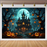 Lofaris Toile de fond d'Halloween château hanté et citrouilles lumineuses sous la pleine lune, décor effrayant pour fête et photographie