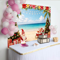 Lofaris Toile de fond de Noël tropicale plage palmiers sapins et Père Noël, décor festif avec cadeaux et traîneau pour séance photo