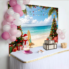 Lofaris Toile de fond de Noël sur la plage tropicale avec bonhomme de neige et palmiers, magnifique décor pour ambiance de fête estivale