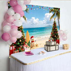Lofaris Toile de fond de Noël à la plage avec bonhomme de neige et palmiers, décor de fête estival pour photographie de vacances