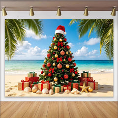 Lofaris Toile de fond de Noël tropicale avec sapin décoré et cadeaux sur la plage, magnifique arrière-plan festif pour studio photo