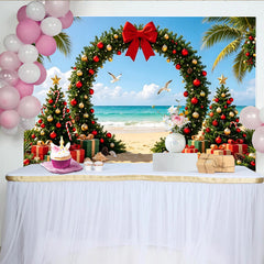 Lofaris Arche de Noël tropicale avec palmiers et cadeaux, toile de fond de Noël sur la plage, arrière-plan festif pour photo de vacances d'été