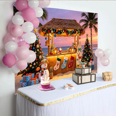 Lofaris Toile de fond de Noël tropicale avec plage et palmiers, magnifique arrière-plan de fête exotique pour studio photo