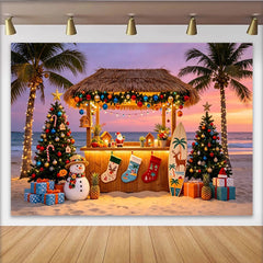 Lofaris Toile de fond de Noël tropicale avec plage et palmiers, magnifique arrière-plan de fête exotique pour studio photo