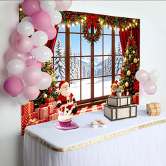 Lofaris Toile de fond de Noël avec fenêtre enneigée et sapins décorés, magnifique arrière-plan festif pour studio photo et célébrations d'hiver