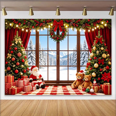 Lofaris Toile de fond de Noël avec fenêtre enneigée et sapins décorés, magnifique arrière-plan festif pour studio photo et célébrations d'hiver