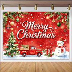 Lofaris Joyeux Noël avec camion rouge et bonhomme de neige, toile de fond de Noël, arrière-plan festif pour arbre, cadeaux et séance photo