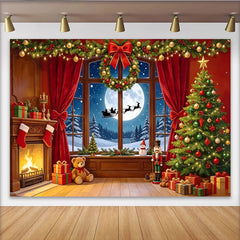 Lofaris Toile de fond de Noël cheminée et sapin avec traîneau du Père Noël, décor magique pour studio photo hivernal