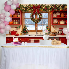 Lofaris Toile de fond de Noël cuisine festive avec guirlande lumineuse et couronne, arrière-plan hivernal pour photographie de vacances