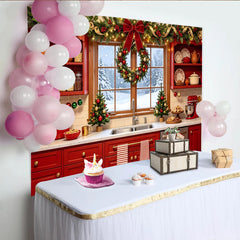 Lofaris Toile de fond de Noël cuisine festive avec guirlande lumineuse et couronne, arrière-plan hivernal pour photographie de vacances