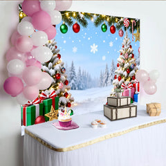 Lofaris Toile de fond de Noël enneigée avec sapins décorés et lumières, arrière-plan festif pour photos de famille et célébrations d'hiver