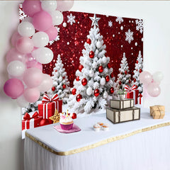 Lofaris Toile de fond de Noël avec sapins blancs enneigés, boules rouges et cadeaux, magnifique décor festif pour studio photo d'hiver