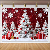 Lofaris Toile de fond de Noël avec sapins blancs enneigés, boules rouges et cadeaux, magnifique décor festif pour studio photo d'hiver