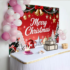 Lofaris Toile de fond de Noël rouge joyeux avec guirlandes et clochettes dorées, décor festif pour célébration de fête d'hiver