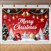 Lofaris Toile de fond de Noël rouge joyeux avec guirlandes et clochettes dorées, décor festif pour célébration de fête d'hiver