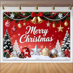 Lofaris Toile de fond de Noël rouge joyeux avec guirlandes et clochettes dorées, décor festif pour célébration de fête d'hiver