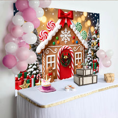 Lofaris Toile de fond de Noël avec maison en pain d'épices, arbres et cadeaux, magnifique arrière-plan de fête d'hiver pour photographie