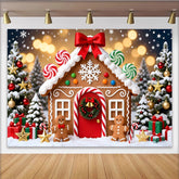 Lofaris Toile de fond de Noël avec maison en pain d'épices, arbres et cadeaux, magnifique arrière-plan de fête d'hiver pour photographie