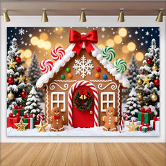 Lofaris Toile de fond de Noël avec maison en pain d'épices, arbres et cadeaux, magnifique arrière-plan de fête d'hiver pour photographie