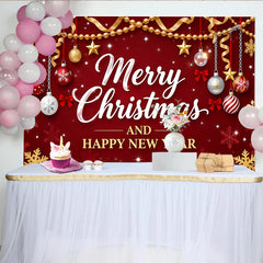 Lofaris Toile de fond de Noël et Nouvel An rouge, étoiles et ornements, flocons de neige et rubans, décor festif pour studio et fête d'hiver