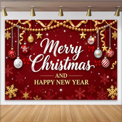 Lofaris Toile de fond de Noël et Nouvel An rouge, étoiles et ornements, flocons de neige et rubans, décor festif pour studio et fête d'hiver