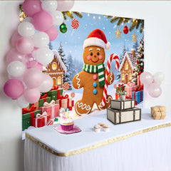 Lofaris Toile de fond de Noël bonhomme en pain d'épices et paysage hivernal, décor festif avec cadeaux et lumières pour séance photo