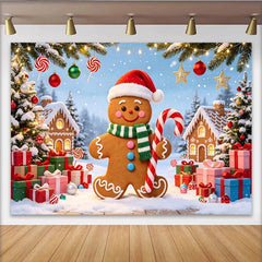 Lofaris Toile de fond de Noël bonhomme en pain d'épices et paysage hivernal, décor festif avec cadeaux et lumières pour séance photo