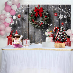 Lofaris Toile de fond de Noël rustique avec mur en bois, neige et cadeaux, magnifique arrière-plan hivernal pour studio photo et fête