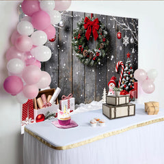 Lofaris Toile de fond de Noël rustique avec mur en bois, neige et cadeaux, magnifique arrière-plan hivernal pour studio photo et fête