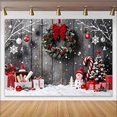 Lofaris Toile de fond de Noël rustique avec mur en bois, neige et cadeaux, magnifique arrière-plan hivernal pour studio photo et fête