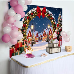 Lofaris Toile de fond de Noël enneigée avec village et bonhomme de neige, décor festif pour studio photo et fête d'hiver