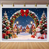 Lofaris Toile de fond de Noël enneigée avec village et bonhomme de neige, décor festif pour studio photo et fête d'hiver