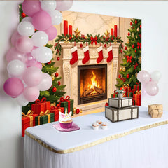 Lofaris Toile de fond de Noël cheminée sapins et cadeaux rouges, magnifique décor festif pour photographie et célébration