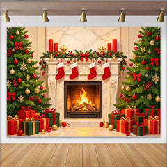 Lofaris Toile de fond de Noël cheminée sapins et cadeaux rouges, magnifique décor festif pour photographie et célébration