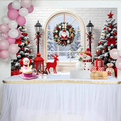Lofaris Toile de fond de Noël avec fenêtre enneigée et sapins décorés, magnifique arrière-plan hivernal pour studio photo et fête