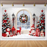 Lofaris Toile de fond de Noël avec fenêtre enneigée et sapins décorés, magnifique arrière-plan hivernal pour studio photo et fête
