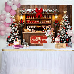 Lofaris Toile de fond de Noël avec stand de chocolat chaud et sapins enneigés, arrière-plan festif pour studio photo