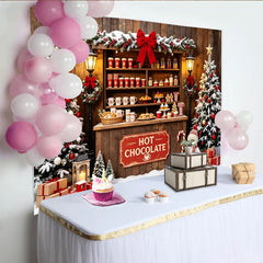 Lofaris Toile de fond de Noël avec stand de chocolat chaud et sapins enneigés, arrière-plan festif pour studio photo