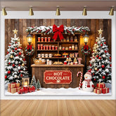 Lofaris Toile de fond de Noël avec stand de chocolat chaud et sapins enneigés, arrière-plan festif pour studio photo