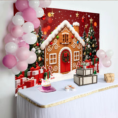 Lofaris Toile de fond de Noël, maison en pain d'épices et sapins décorés, décor festif d'hiver pour studio photo et célébrations