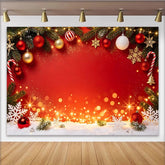 Lofaris Toile de fond de Noël rouge avec boules, flocons de neige et branches de pin, décor festif lumineux pour studio photo et célébrations