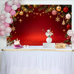 Lofaris Toile de fond de Noël rouge et or avec paillettes et branches de pin, magnifique arrière-plan pour fête d'hiver et studio photo