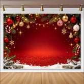 Lofaris Toile de fond de Noël rouge et or avec paillettes et branches de pin, magnifique arrière-plan pour fête d'hiver et studio photo