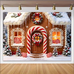 Lofaris Toile de fond de Noël maison en pain d'épices enneigée avec sucres d'orge et couronnes, magnifique décor festif pour l'hiver