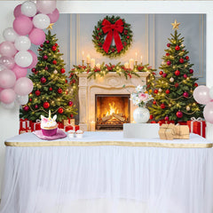 Lofaris Toile de fond de Noël cheminée sapins décorés et cadeaux, arrière-plan de fête hivernale pour studio photo